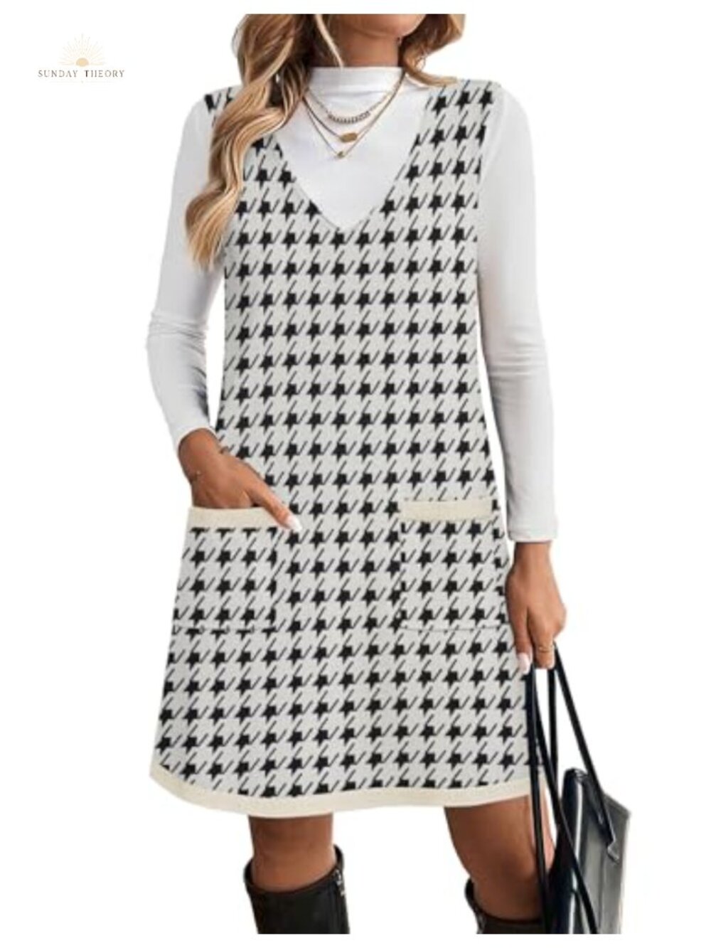 Sleeveless V Neck Knit Sweater Vest Dress with Pockets A-Line